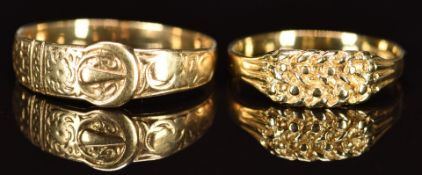 A 9ct gold buckle ring and a 9ct gold keeper ring, 2.8g, size K & P