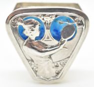 Art Nouveau silver and enamel pill or trinket pot with lady looking in a mirror to lid, London 1903,