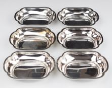 Set of six German silver bon bon dishes, each with German 835 silver marks, length 10cm, weight