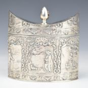 Dutch or similar silver tea caddy with embossed decoration of people walking dogs, width 9cm, weight