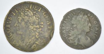 1693 Charles II Irish halfpenny and a 1689 James II 'gun money' crown
