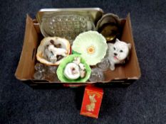 A box containing miscellaneous to include pens, assorted ceramics, glassware, Beswick bowl,