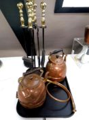 A tray containing a four piece companion set on stand, antique copper and brass hunting horn,