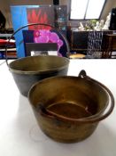 Two antique brass cast iron handled jam pans