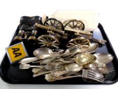 A tray containing plated cutlery, pair of ornamental canons,