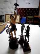 Three French spelter figures on wooden bases