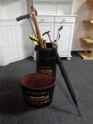 A stitched leather French Chateauneuf du Pape stick stand and bin containing assorted walking