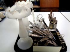 A tray of pair of antique opaque glass lustres with drops, tankards, toast rack, cutlery,