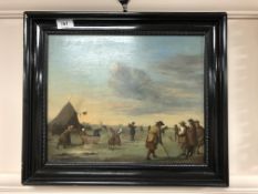 20th century school : Figures playing golf, oil on panel, 36 x 29 cm,