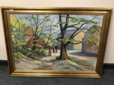 Continental school : A tree lined courtyard, oil on canvas,
