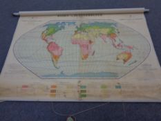 A 20th century Danish pull down map showing world temperatures