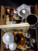 Two boxes containing miscellany to include copper and brass jug (a/f), assorted china,