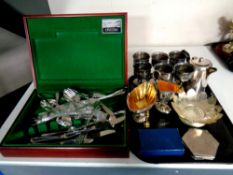 A tray containing assorted plated wares together with a canteen of Oneida cutlery