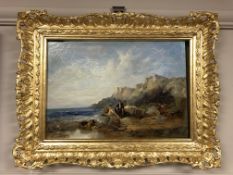 20th century school : Figures by rocks, oil on canvas,