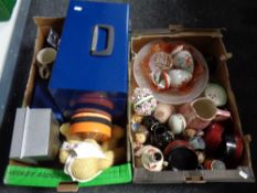 Two boxes containing miscellaneous to include oriental wares, carnival glass bowl, file box,