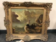 Nineteenth century school : The look out, figures on a rock, oil on canvas, 47 cm x 40 cm, framed.