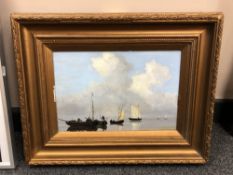 20th century school : Fishing boats in calm waters, oil on panel, 22 cm x 33 cm,