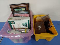 Two boxes containing household sundries, kitchenalia including knife block,