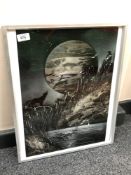 A 20th century school : A wolf by futuristic moon, spray paint and oil,