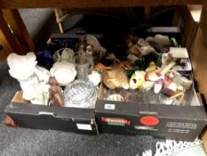 Two boxes of 20th century cut glass, blue and white vase, German pottery stein, figures,