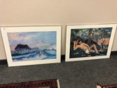Two colour prints depicting a landscape and a nude study, 79 x 59 cm, both framed (2).