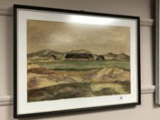 20th century school : Buildings by a hillside, watercolour,