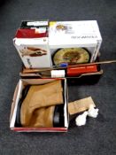 A box containing miscellaneous to include work boots, Kenwood food processor, Nao duck ornaments,