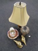 A Tiffany style table lamp with leaded glass shade together with a further table lamp and shade,