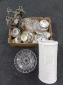 A box containing pair of heart shaped candelabra, 20th century pressed glass, tea china,