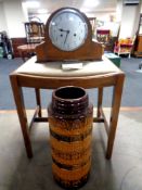 An oak cased Enfield mantel clock together with a stool and a West German pottery vase