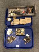 Two trays containing a quantity of watches and watch parts, pocket watch keys etc.