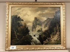 A 20th century school : Figures by a waterfall, oil on board,