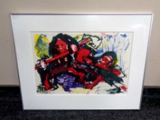 A continental screen print, modernist study, 55 x 37 cm, indistinctly signed,