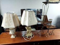 Two contemporary table lamps and three metal pricket candlesticks