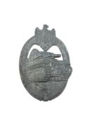 A German die-cast silvered metal Panzer Assault Badge by Adolf Scholze