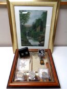 A watercolour of a waterfall, indistinctly signed, together with a nautical montage in frame,