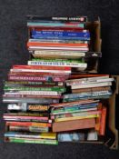 Two boxes containing hardback and paperback volumes relating to railways and steam trains
