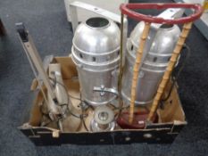A box of metal and bamboo stick stand, theatre lights, table lamp,