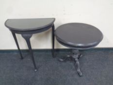 A circular painted pedestal occasional table together with a painted demi lune table