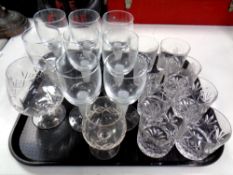 A tray containing assorted glassware to include four Edinburgh crystal whisky tumblers,