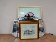 An early 20th century frameless bevelled mirror together with a quantity of pictures and prints