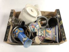 A tray containing Poole vases, chromium plated tea set,