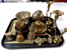 A tray of assorted brass ware including pair of candlesticks in the form of cobras, letter knife,