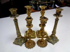 Three pairs of 19th century brass candlesticks