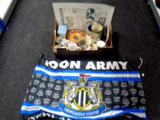 A box containing tin sign Britain's Best Beers, Newcastle Brown Ale ashtray, vintage tin,