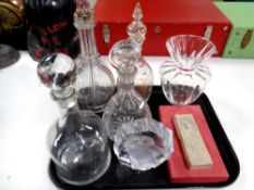 A tray containing antique and later glassware to include whisky and liqueur decanters,