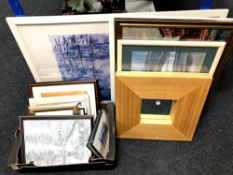 A large Claude Monet print together with a box containing assorted pictures and prints,