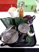 A tray containing kitchenalia to include stainless steel coffee and teapot,