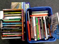 Two boxes containing hardback and softback volumes relating to railways and trains