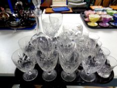 A tray containing assorted glassware to include liqueur decanter and a quantity of assorted